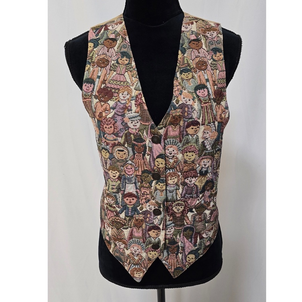 Vtg Nadia tapestry vest women L Folk Art people multicolor Cottagecore retro